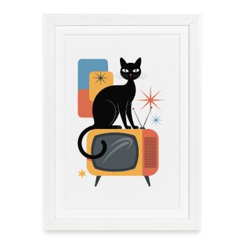 Chat rétro Vintage TV des années 50 des années 60 de l’ère atomique - Affiche encadrée (27 × 37 cm) - blanc - Devant