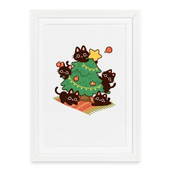 Purrsmas chat arbre lueur, chatons drôles Noël - Affiche encadrée (27 × 37 cm) - blanc - Devant