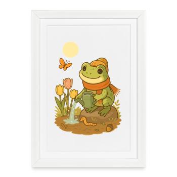 Grenouille printanière – Grenouille douillette dans le jardin - Affiche encadrée (27 × 37 cm) - blanc - Devant