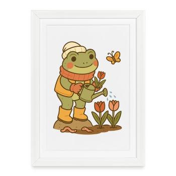 Grenouille printanière – Jardin de fleurs Frogcore - Affiche encadrée (27 × 37 cm) - blanc - Devant