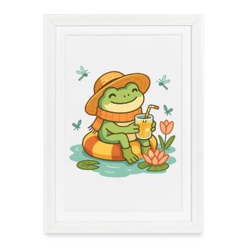 Grenouille d’été – Grenouille douillette avec limonade - Affiche encadrée (27 × 37 cm) - blanc - Devant