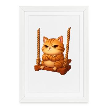 Chat sinistre sur balançoire dessin animé aire de jeux - Affiche encadrée (27 × 37 cm) - blanc - Devant
