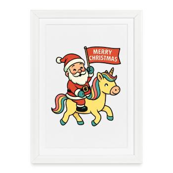 Mignon Père Noël chevauche la licorne Joyeux Noël - Affiche encadrée (27 × 37 cm) - blanc - Devant