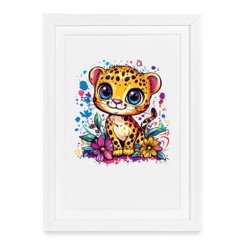 Bébé léopard coloré avec des fleurs - Affiche encadrée (27 × 37 cm) - blanc - Devant