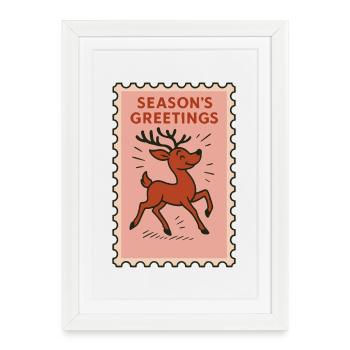 Vœux de saison Renne Timbre Vacances Fun - Affiche encadrée (27 × 37 cm) - blanc - Devant