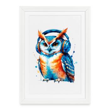 Kopfhörer Eule in Farbenspiel - Gerahmtes Poster (27 × 37 cm) - Weiß - Vorne