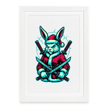 Ninja Lapin de Noël Katana Chemise - Affiche encadrée (27 × 37 cm) - blanc - Devant