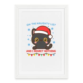 Chat dans la liste des vilains du chapeau du Père Noël, Noël - Affiche encadrée (27 × 37 cm) - blanc - Devant