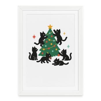 Chats de Noël amusants avec sapin de Noël décoré - Affiche encadrée (27 × 37 cm) - blanc - Devant