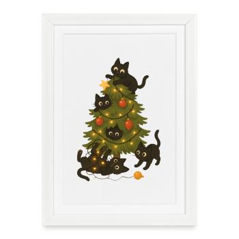 Drôles de chats jouant autour de l’arbre de Noël - Affiche encadrée (27 × 37 cm) - blanc - Devant