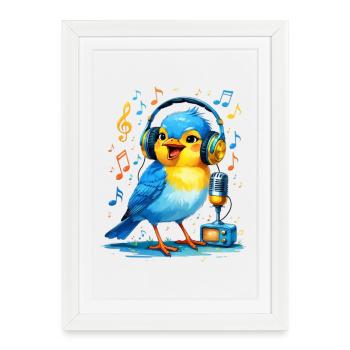 Karaoke bird with headphones - Framed poster (27 × 37 cm) - white - Front