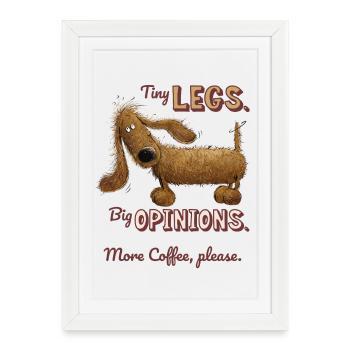 Petites jambes, grande opinion – café humour teckel - Affiche encadrée (27 × 37 cm) - blanc - Devant