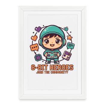 8-BIT HEROES | Gaming Retro Chibi Community Pixel - Framed poster (27 × 37 cm) - white - Front