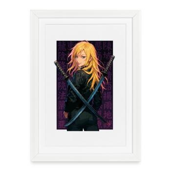 Samouraï blond aux lames croisées - Affiche encadrée (27 × 37 cm) - blanc - Devant
