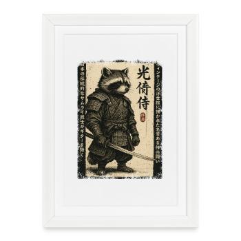 Samurai Waschbär, Anime Grafik Japanischer Krieger - Gerahmtes Poster (27 × 37 cm) - Weiß - Vorne