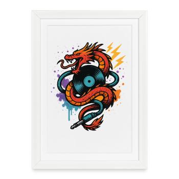 Music Dragon with Vinyl Record Flash and Jack - Framed poster (27 × 37 cm) - white - Front