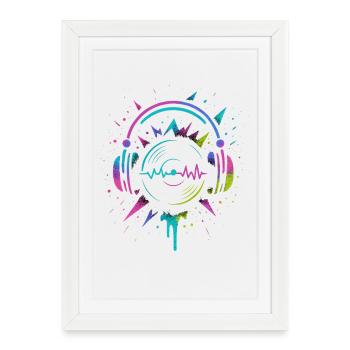 Casque néon, vinyle, son techno rave - Affiche encadrée (27 × 37 cm) - blanc - Devant