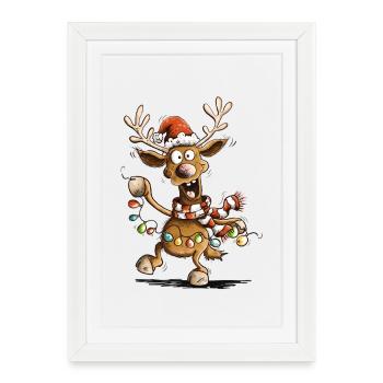 Dessin animé drôle de Noël sur les rennes rennes de Noël - Affiche encadrée (27 × 37 cm) - blanc - Devant