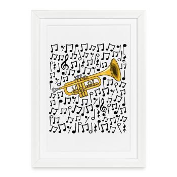 Trompette Notes musicales Trompettiste Musicien cuivre - Affiche encadrée (27 × 37 cm) - blanc - Devant