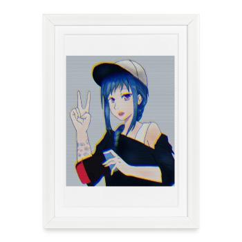 Anime rétro Gamer Girl Glitch Art Style Vaporwave - Affiche encadrée (27 × 37 cm) - blanc - Devant