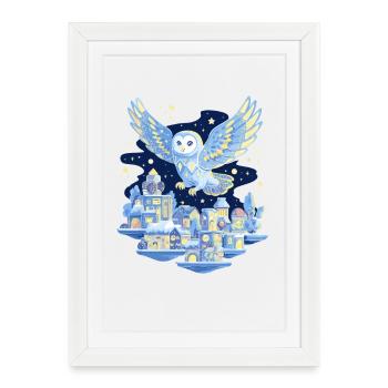 Vol de hibou au-dessus de la ville la nuit - Affiche encadrée (27 × 37 cm) - blanc - Devant