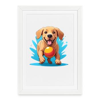 Cheerful Dog with Ball Cartoon - Framed poster (27 × 37 cm) - white - Front