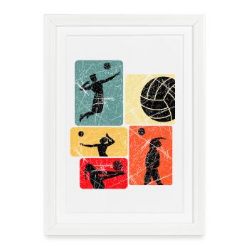 Silhouettes de volleyball Blocs de couleurs rétro - Affiche encadrée (27 × 37 cm) - blanc - Devant