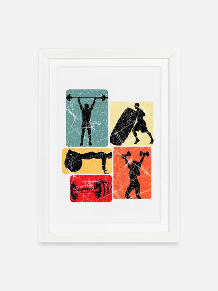 Kraftquader: Fitness Silhouetten - Gerahmtes Poster (27 × 37 cm) - Weiß