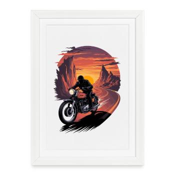 Motorcyclist before sunset on open - Framed poster (27 × 37 cm) - white - Front