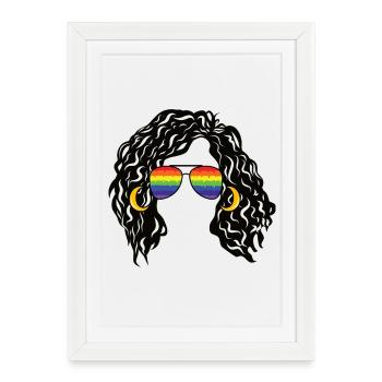 Teintes arc-en-ciel Afro Girl Cheveux Bouclés Fierté Rétro - Affiche encadrée (27 × 37 cm) - blanc - Devant