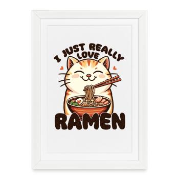 Chat aux nouilles, ramen, chat kawaii - Affiche encadrée (27 × 37 cm) - blanc - Devant