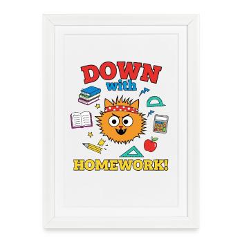 À bas les devoirs, élève chat rebelle de l’école - Affiche encadrée (27 × 37 cm) - blanc - Devant