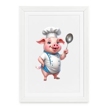 Cuisiner le Chef Cochon avec la Cuillère - Affiche encadrée (27 × 37 cm) - blanc - Devant