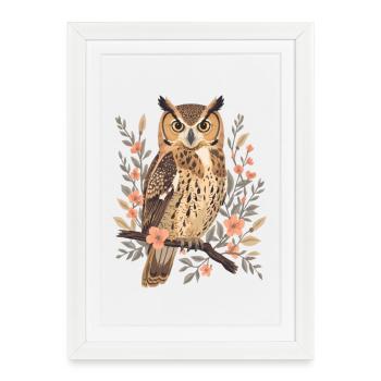 Œil de hibou dans une couronne de fleurs - Affiche encadrée (27 × 37 cm) - blanc - Devant