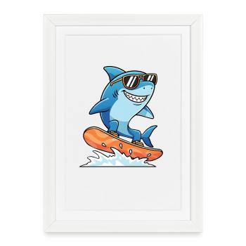 Requin surfeur avec des lunettes de soleil Vacances d’été - Affiche encadrée (27 × 37 cm) - blanc - Devant