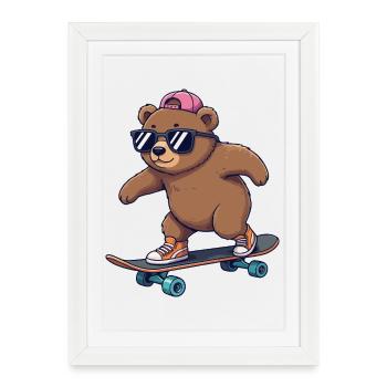 Drôle d’ours patinant sur un skateboard de dessin animé - Affiche encadrée (27 × 37 cm) - blanc - Devant