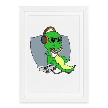 Idée cadeau de nouilles ramen T Rex Dinosaure Gaming Mignons - Affiche encadrée (27 × 37 cm) - blanc - Devant
