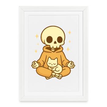 Squelette de méditation avec chat – Douillet et mignon - Affiche encadrée (27 × 37 cm) - blanc - Devant