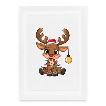 Un renne heureux avec des guirlandes lumineuses - Affiche encadrée (27 × 37 cm) - blanc - Devant