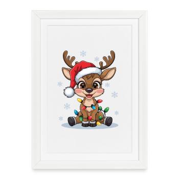 Weihnachtsrentier mit Lichterkette - Gerahmtes Poster (27 × 37 cm) - Weiß - Vorne