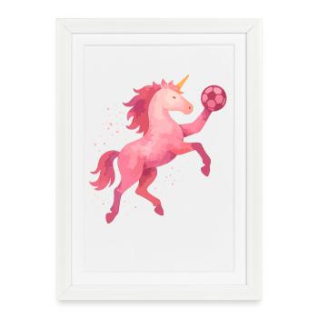Aquarelle licorne Handball, Cheval rose, Fille - Affiche encadrée (27 × 37 cm) - blanc - Devant