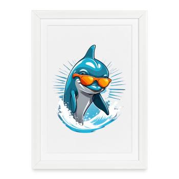 Dolphin with sunglasses and surf splash - Framed poster (27 × 37 cm) - white - Front