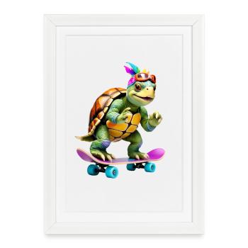 Skateboard-Schildkröte mit Farbfedern - Gerahmtes Poster (27 × 37 cm) - Weiß - Vorne