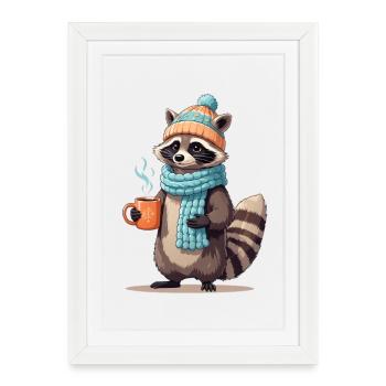 Winter raccoon with tea - Framed poster (27 × 37 cm) - white - Front