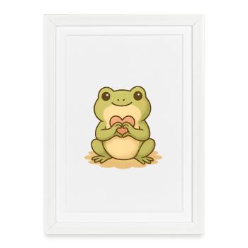 Grenouille Kawaii avec cœur – Grenouille mignonne - Affiche encadrée (27 × 37 cm) - blanc - Devant