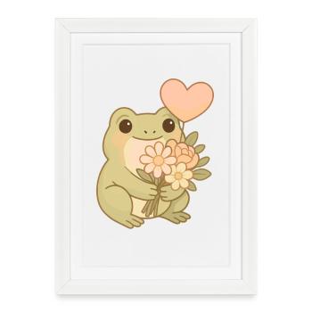 Grenouille Kawaii avec des fleurs – Art mignon en Frogcore - Affiche encadrée (27 × 37 cm) - blanc - Devant