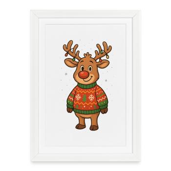 Winterhirsch im Weihnachtspullover - Gerahmtes Poster (27 × 37 cm) - Weiß - Vorne