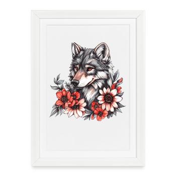Loup avec une couronne de fleurs - Affiche encadrée (27 × 37 cm) - blanc - Devant