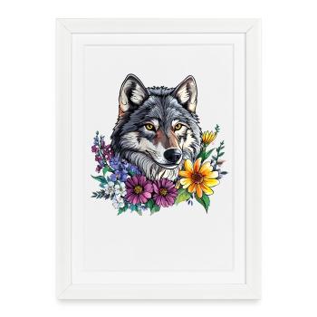Wolf friend in a flower wreath - Framed poster (27 × 37 cm) - white - Front