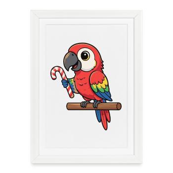 Perroquet joyeux avec une canne d’orge d’orge - Affiche encadrée (27 × 37 cm) - blanc - Devant